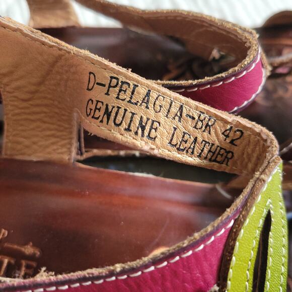 L'Artiste Womens EU 42 US 10 Tooled Leather Sandals Floral Pink Brown Green - Picture 2 of 10